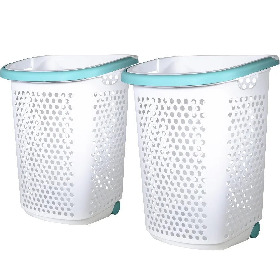 Home Logic 2 Bushel Rolling Plastic Laundry Hamper with Pop-up Handle, White, 2 Pack