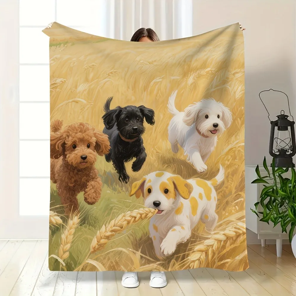 

Charming Puppies in Wheat Field Throw Blanket - Whimsical Pet Pattern Cozy Sofa Bed Cover for Warm Modern Home Decor