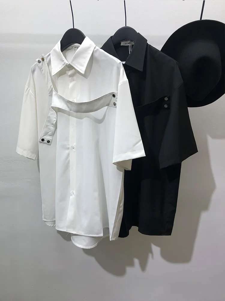 

Summer Men's Ruffian Handsome Loose Work Clothes Splicing Short Sleeve Shirt Fashion Function Trend Hip Hop Irregular Top