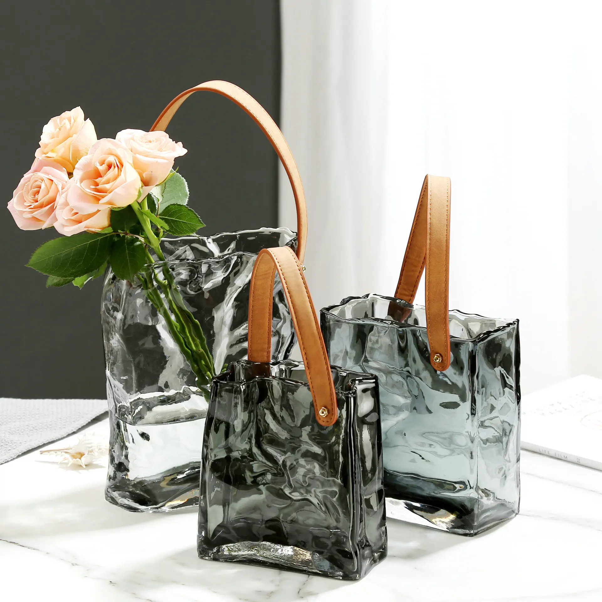 Glass Vase Transparent Tote Bag Shape Wrinkled Irregular Texture Flower Vase Hydroponics Accessories Terrarium Home Decoration