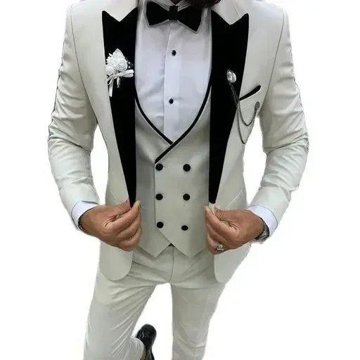 Slim Fit Suits For Men 3 Pcs Wedding Groom Tuxedo Peak Lapel Bridegroom Blazer With Double Breasted Vest Pants