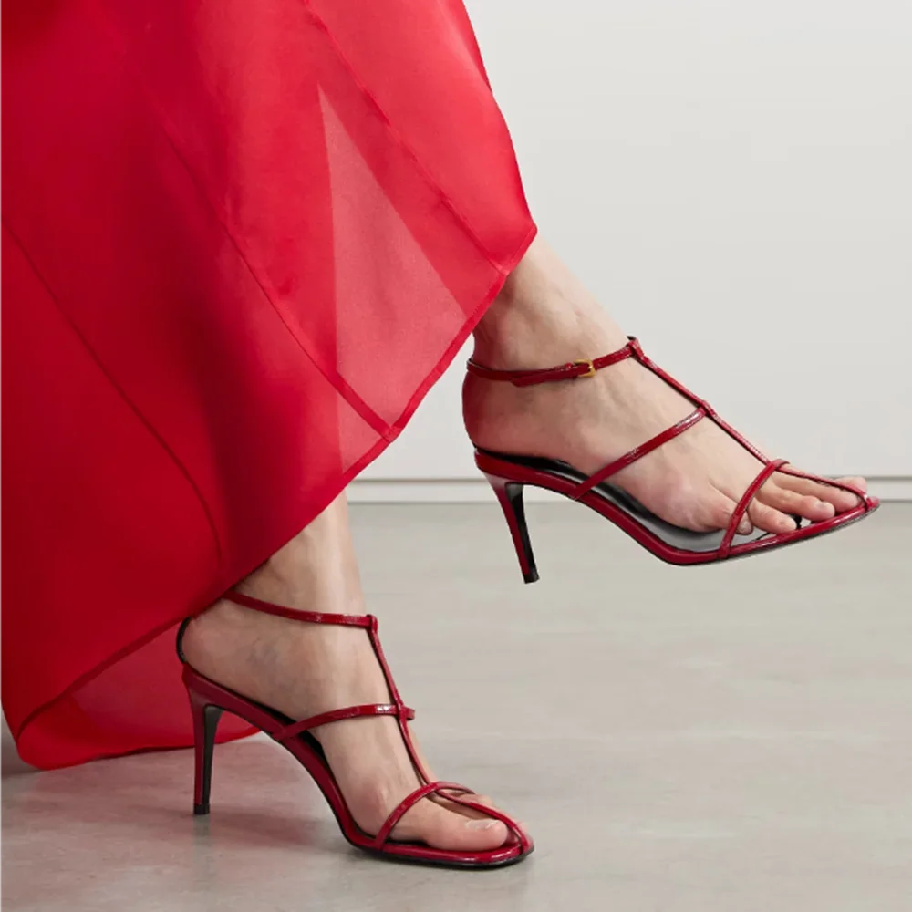 

Cage Patent-Leather Sandals Red Black Ankle Band Solid Thin Heels Round Toe Summer Shoes Fashion Concise Women's Party Shoes