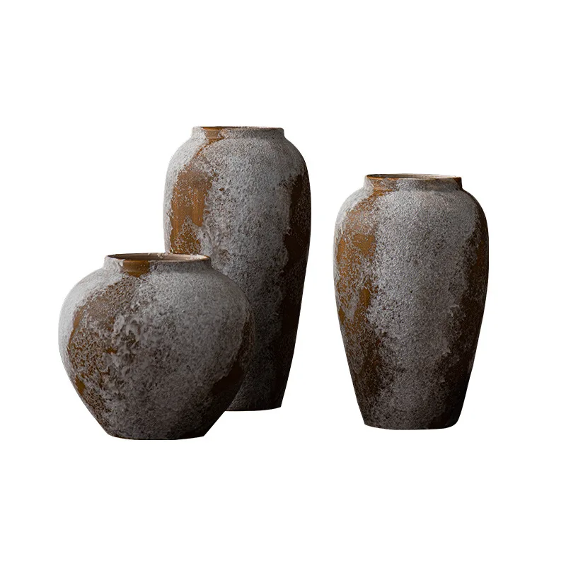 For Vintage Distressed Ceramic Vase, Rustic Pottery Jar for Entryway & Living Room Decor