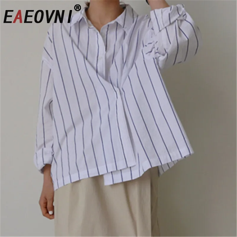 

EAEOVNI Women Striped Irregular Design Shirt For Women Long Sleeve Sunscreen Casual Blouse Fashion 2025 New Clothing 1A1139