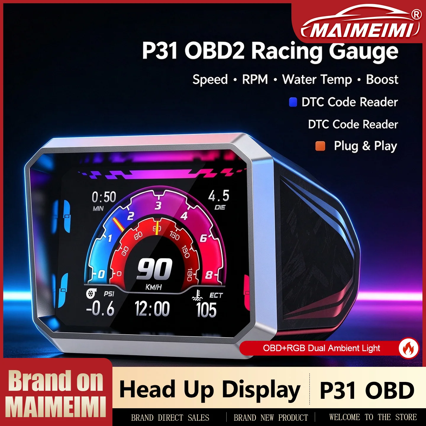 P31 Car HUD Head Up Display OBD2 Digital Speedometer RPM Water Temp Voltage Gauge Off-road G-Meter Inclinometer Car Accessories