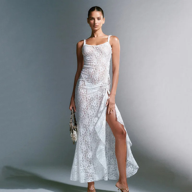 

Summer Girl Party Dress Women Sexy White Mesh Lace See-Through Backless Bodycon Halter Dress Elegant Lady Club Evening Dresses