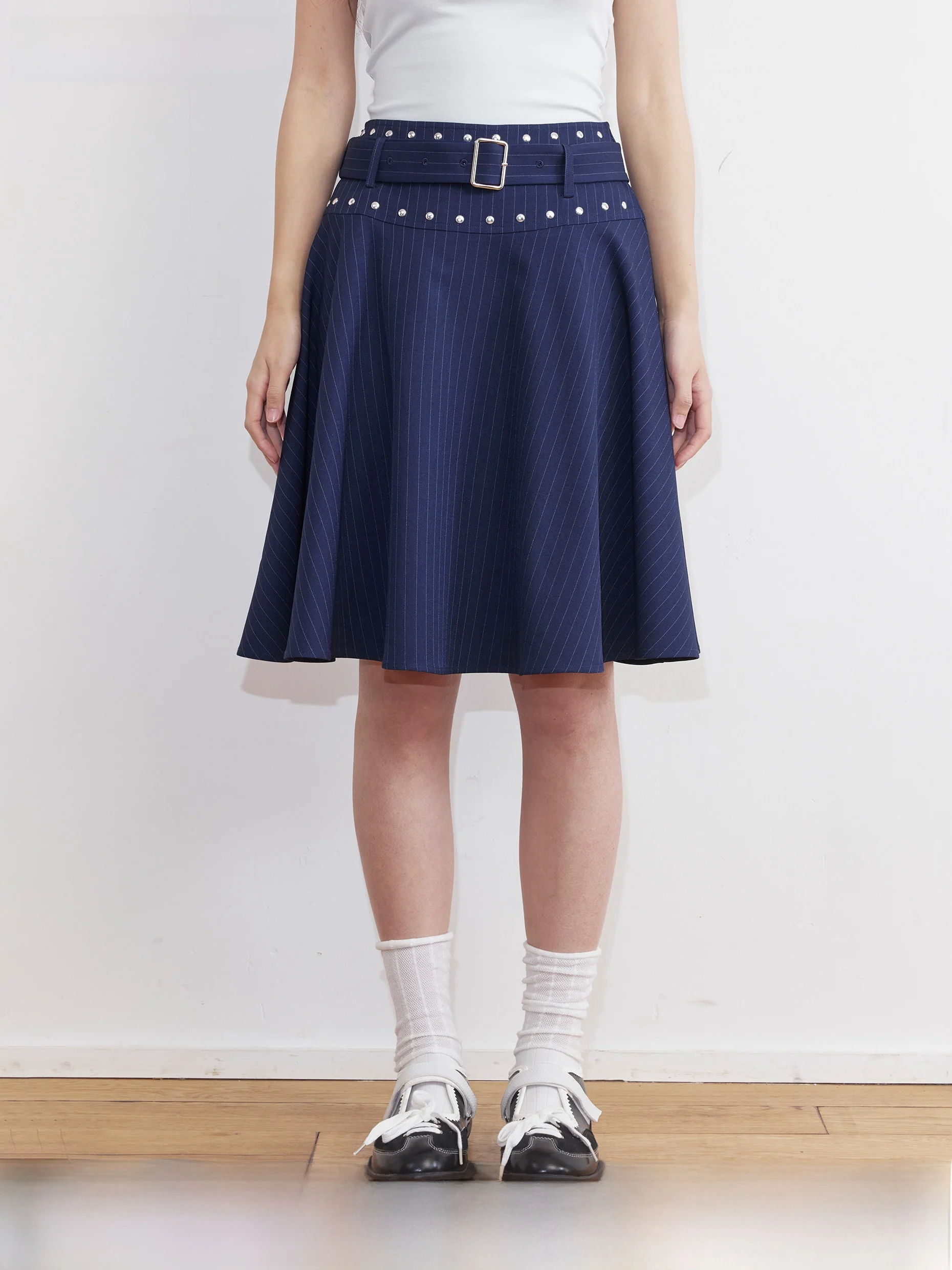 

Umoumo Korean Style Summer Wide Waist Belted A-Line Midi Skirt with Rivet Waist Strips Slimming Stripes Polyester Fiber