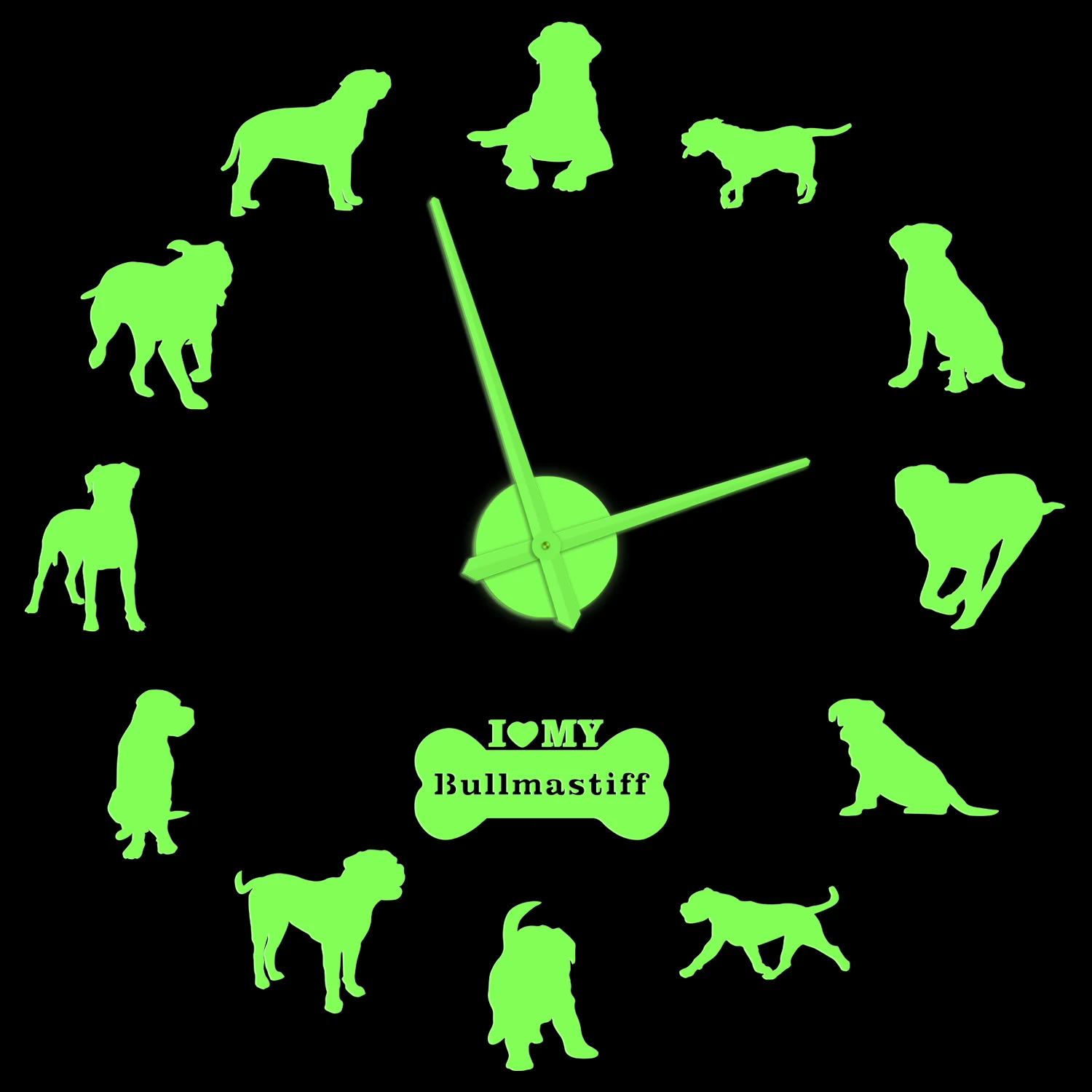 

Bullmastiff DIY Giant Luminous Wall Clock Pet Clinic Shop Decor Dog Breed Easy to Read Silent Non Ticking Watch Glow In Dark