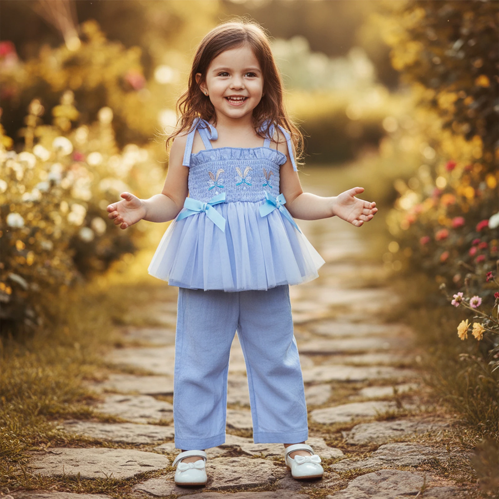 0-5Y Little Girls 2Pcs Toddler Girl Easter Outfits Sleeveless Smocked Tank Tops Long Pants Set Kids Clothes for Easter