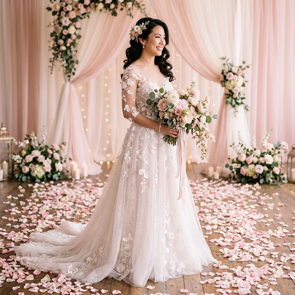 Illusion Neck 3/4 Sleeve 3D Floral Lace A Line Wedding Dress with Train Romantic Bridal Gown