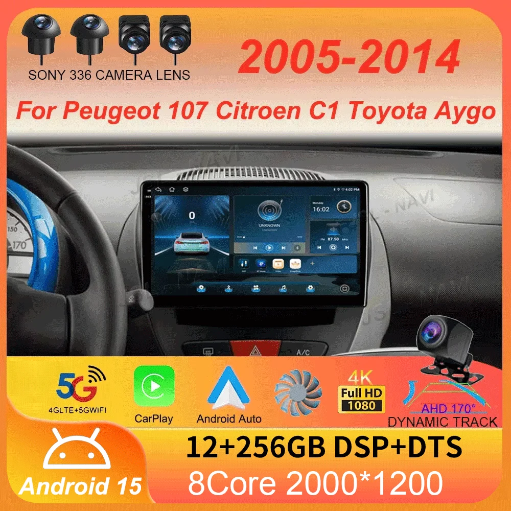 Car Radio Android 15 Carplay Auto Multimedia Player For Peugeot 107 Citroen C1 Toyota Aygo 2005 -2014 DSP Stereo 2din Head Unit
