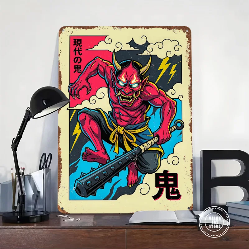 Japanese Oni Demon With Club Illustration Personalized 3D Textured Metal Poster Wall Art Vintage Tin Signs for Home Decor Items