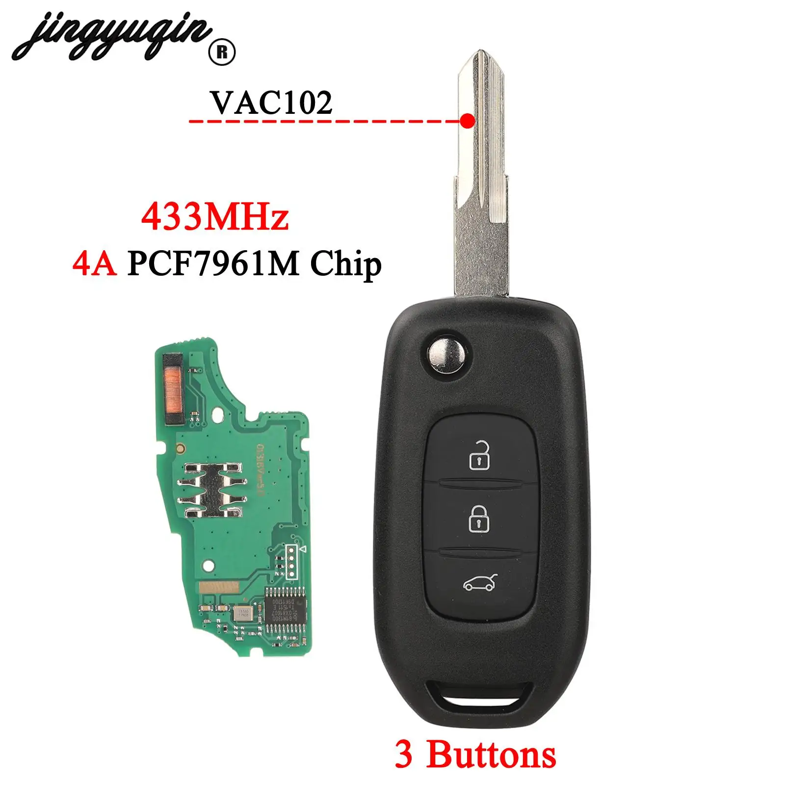 jingyuqin 433Mhz Flip Remote Key 4A PCF7961M Chip for Renault Kadjar Captur Megane 3 Symbol Logan 2 Sandero 2 Dacia Duster 3BNT