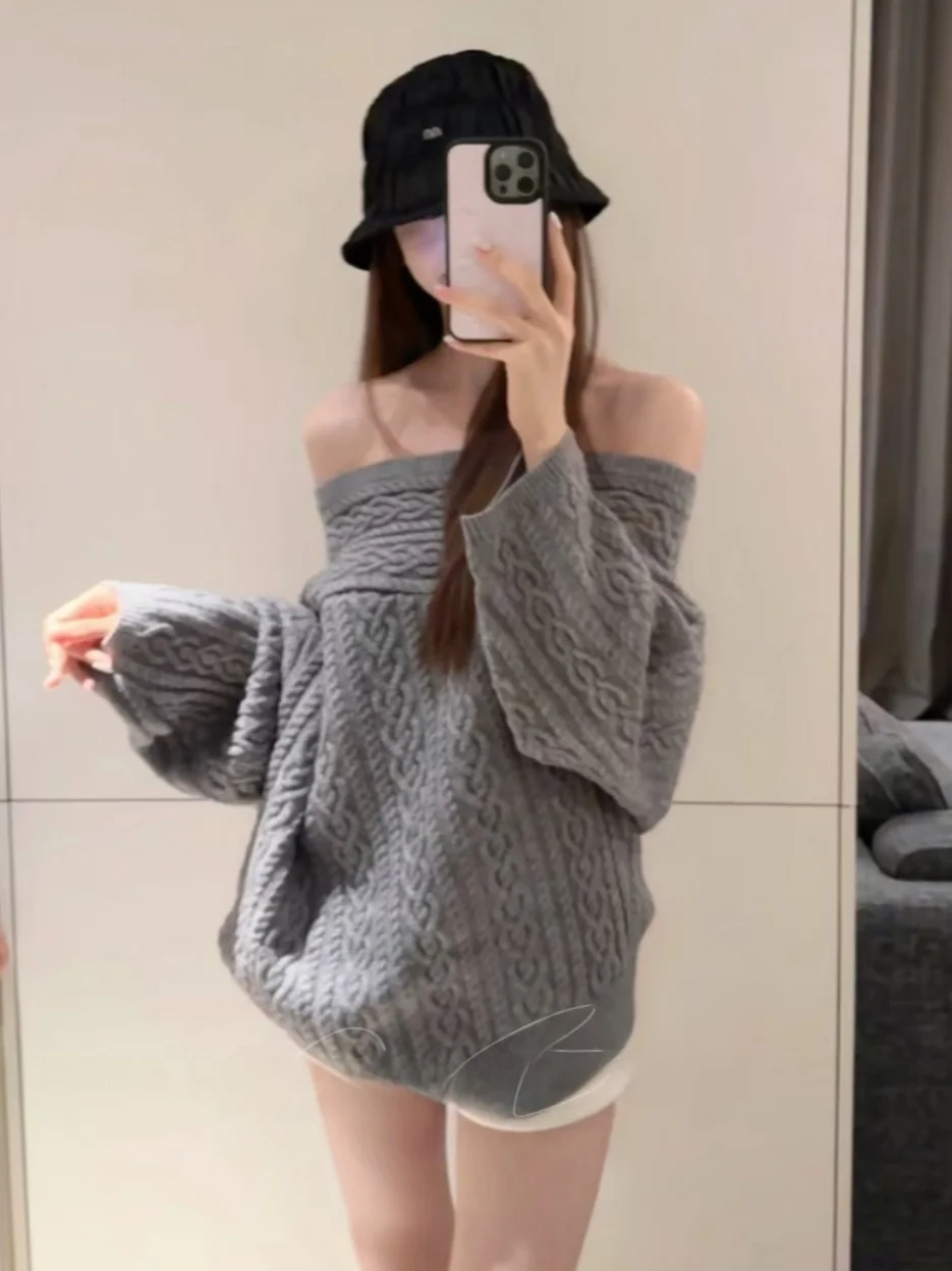 

Сексуальный вязаный свитер на одно плечо для женщин: свободный, удобный, в корейском стиле, теплый, осенне-зимний, с длинным рукавом, повседневный модный топ