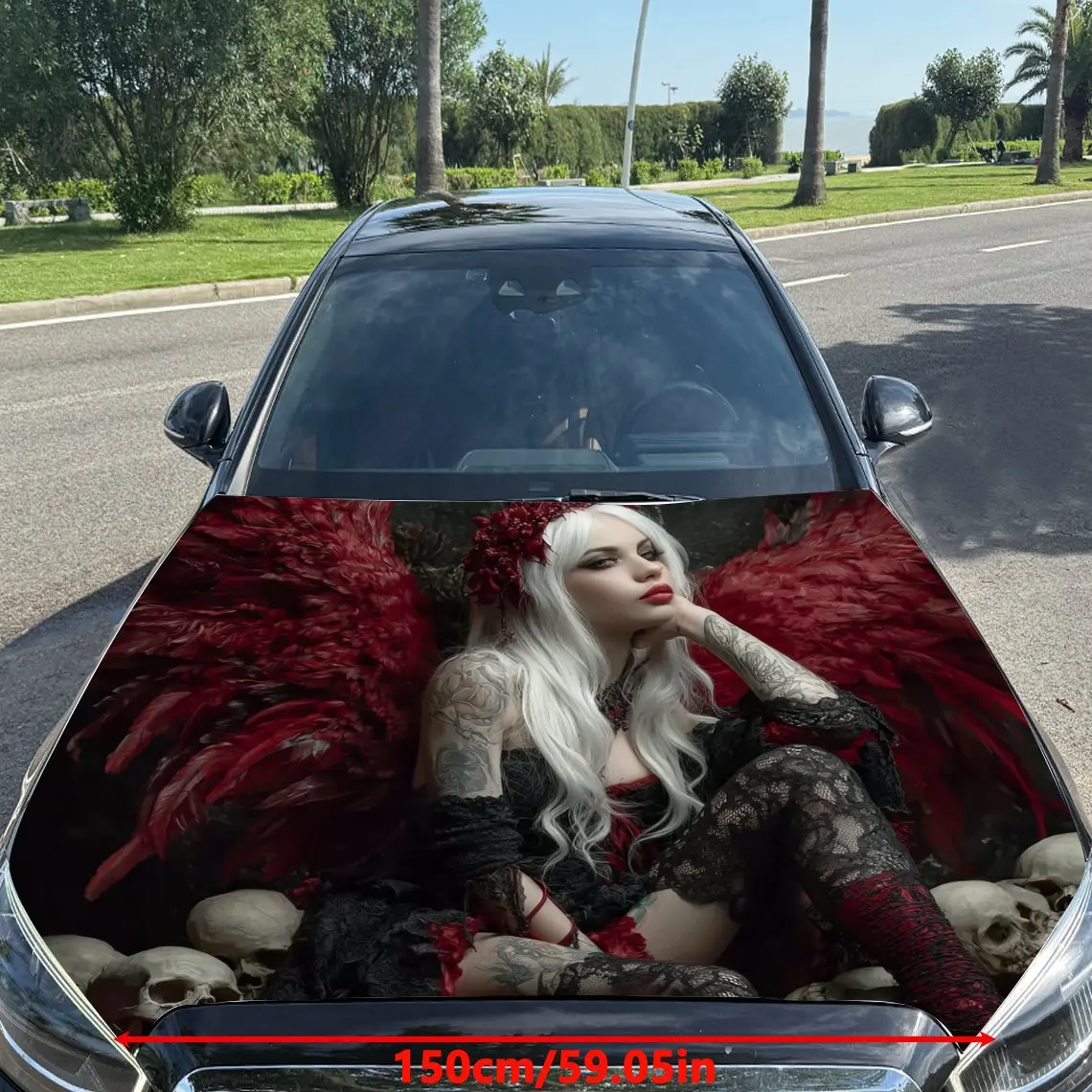 Red Winged Gothic Female Demon Pattern Car Hood Cover Stickers, Decorative Car Packaging Paper, Bold Designs, Halloween Decora