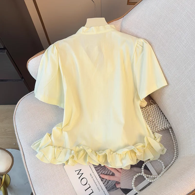 النساء بلايز الخامس الرقبة التعادل قصيرة الأكمام تقسم كشكش قمصان المرأة الصيف الحلو عادية واحدة الصدر الصلبة البلوزات Blusa
