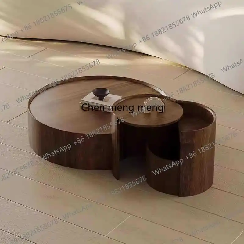 

light luxury round walnut solid wood coffee table combination living room designer creative high-end sense of medieval style