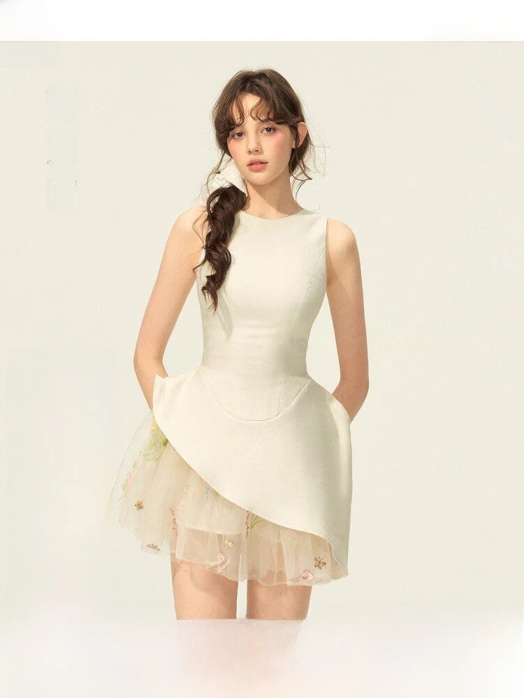 

White Elegant Ballet Style Puffy Skirt High Waist Slim Fit Asymmetrical Hem Sleeveless Vest Dress Inner Wear Summer Women's D...