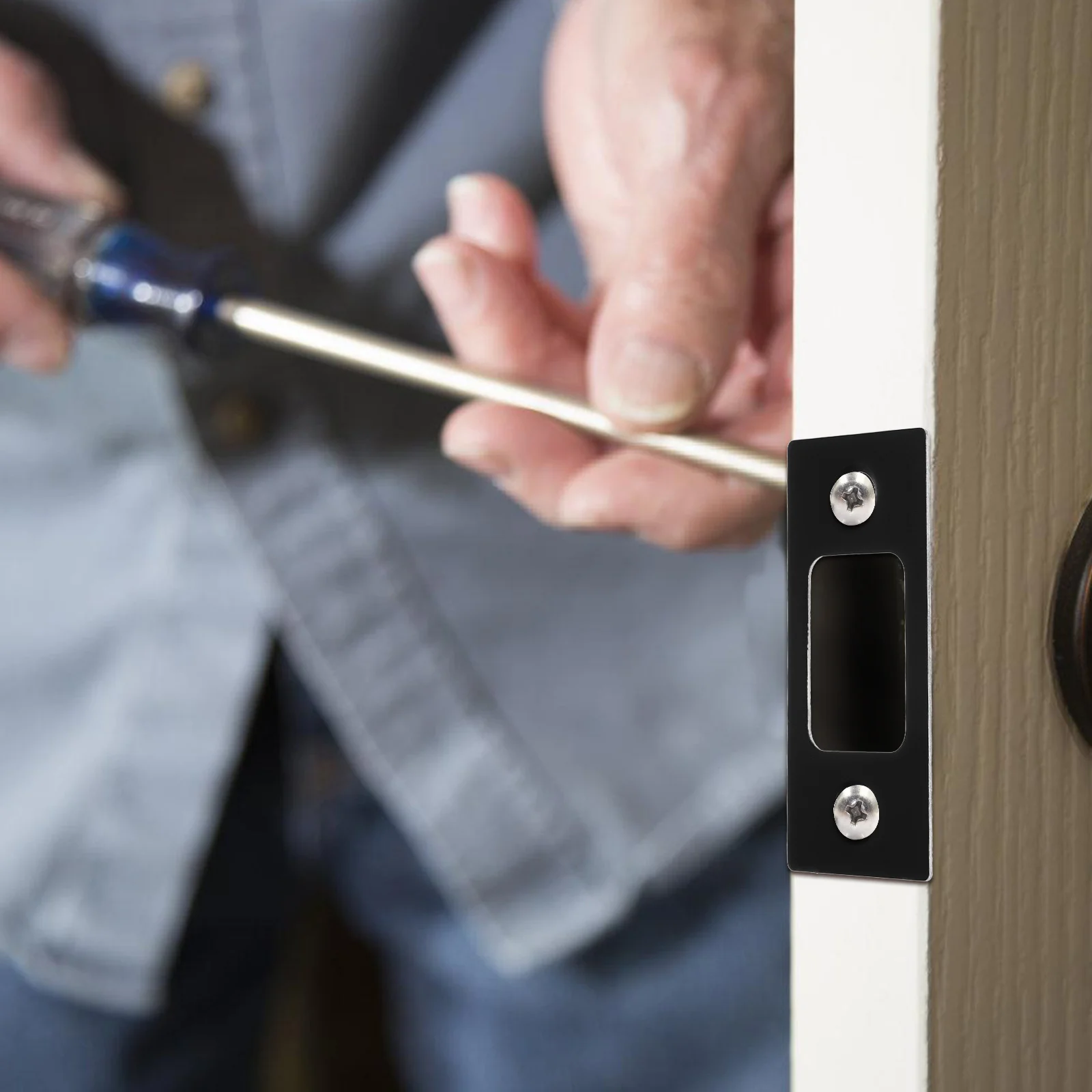 

2Pcs Lock Strike Backplate Durable Stainless Steel Sleek Black Design for Wooden Doors Smooth Operation Security Enhancement