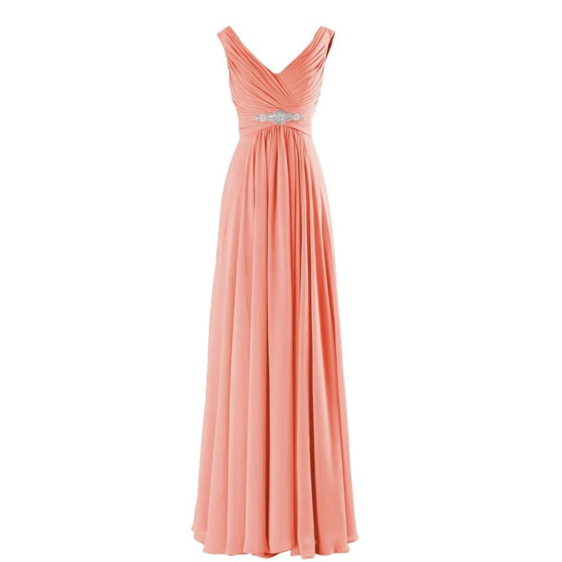 A Line Chiffon V Neck Crystals Eegant Off-Shoulder Formal Prom Wedding Party Bridesmaid Dresses Robe De Soiree Zipper Back