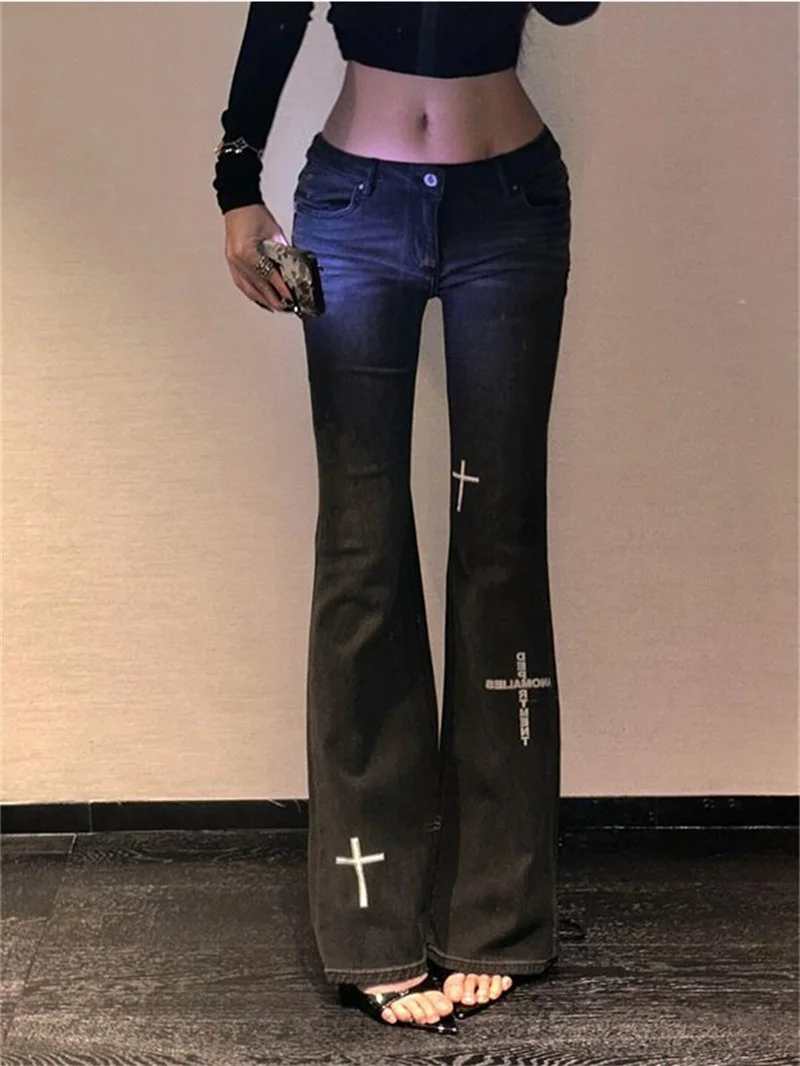 Nowe Retro Jeansy Damskie z Haftem i Nadrukiem, Czarne, Niskie w Pasie, Letnie, w Stylu Millennials, Pikantne, Seksowne, Dopasowane, Proste Nogawki, Lekko Rozszerzane