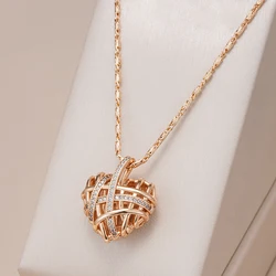 Kinel Unique Hollow Heart Pendant Necklace for Women Natural Zircon With 585 Rose Gold Color Modern Party Wedding Daily Jewelry
