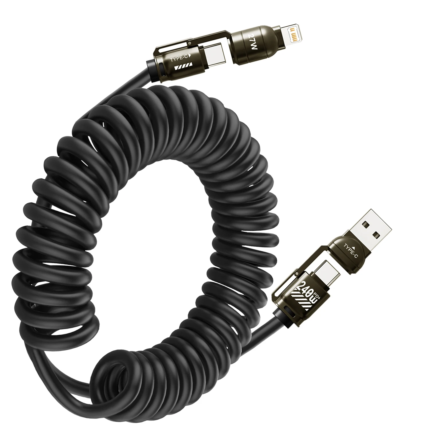 Cable de datos de resorte para coche 4 en 1 de 240W para teléfono móvil/tableta/portátil Cable de carga rápida USB C adecuado para cargador rápido Carplay