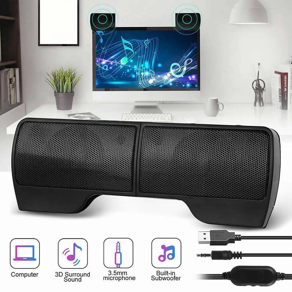 HKXA 1 Pair Mini Portable Clipon USB Stereo Speakers Line Controller Soundbar for Laptop Mp3 Phone Music Player PC with Clip