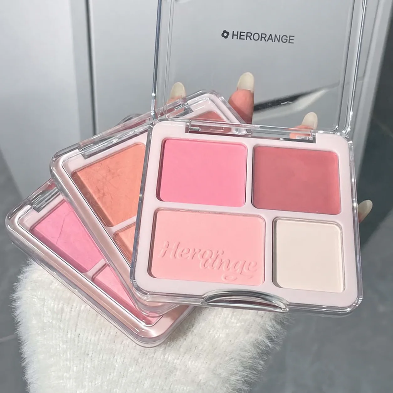 HERORANGE 4 Color Face Palette Blush Highlighter Contour Cream Brightening Glow Long Lasting Natural Makeup Palette