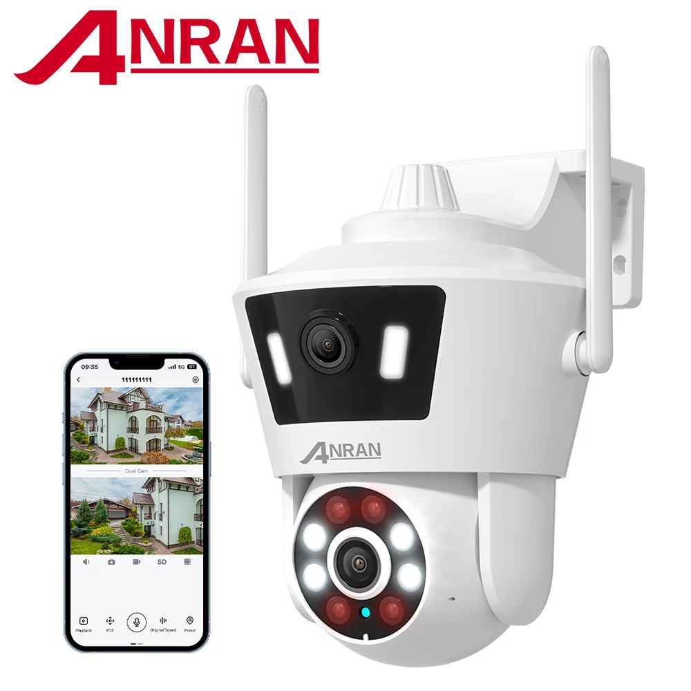 ANRAN Dual Lens Wifi Camera 4MP Security Camera Dual Live View Color Night Vision Two Way Audio PIR Detect,7/24 Continue Record