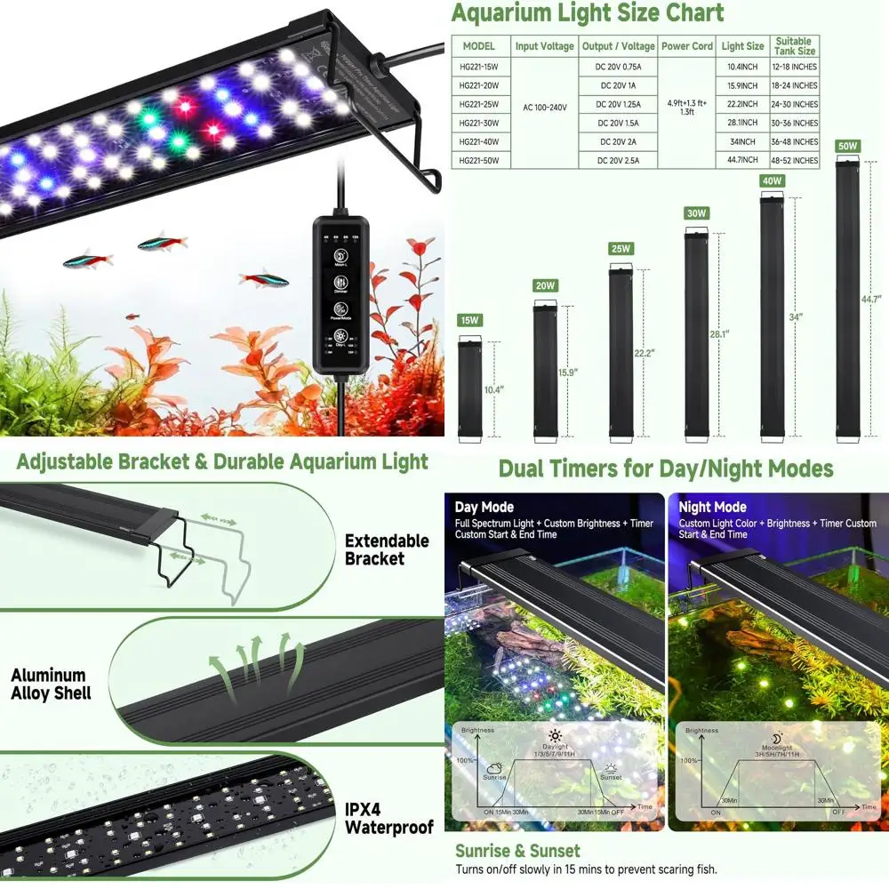 

Светильник для аквариума 40 Вт, полный спектр, с таймером, пультом ДУ, регулировкой яркости и 10 цветами, выдвижной кронштейн, функция памяти настроек