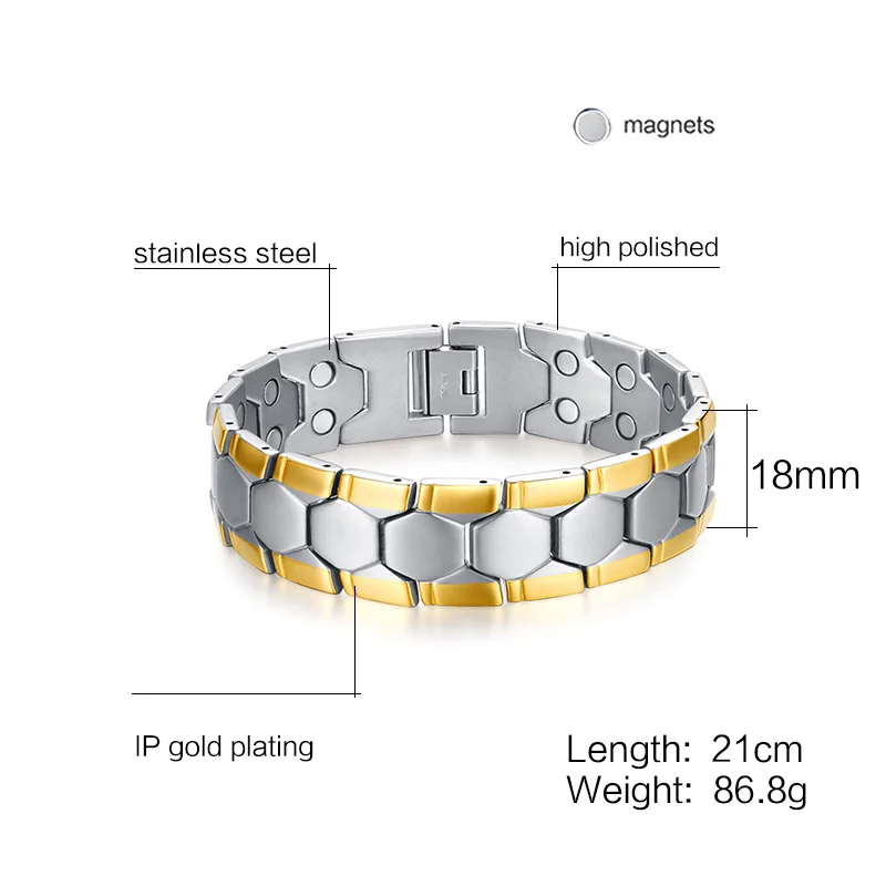 Vinterly Football Style Bracelets Men Gold-color Germanium Magnetic Stainless Steel Chain Link Jewelry Waterproof 18mm Magnets