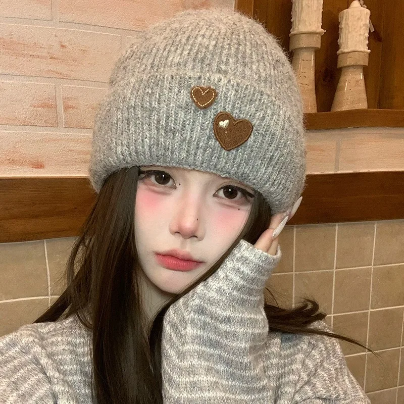 Women Winter Beanie Heart Patch Hat Warm Chunky Knit Cap Cute Love Embroidery Soft Lined Kawaii Adorable Knit Hat
