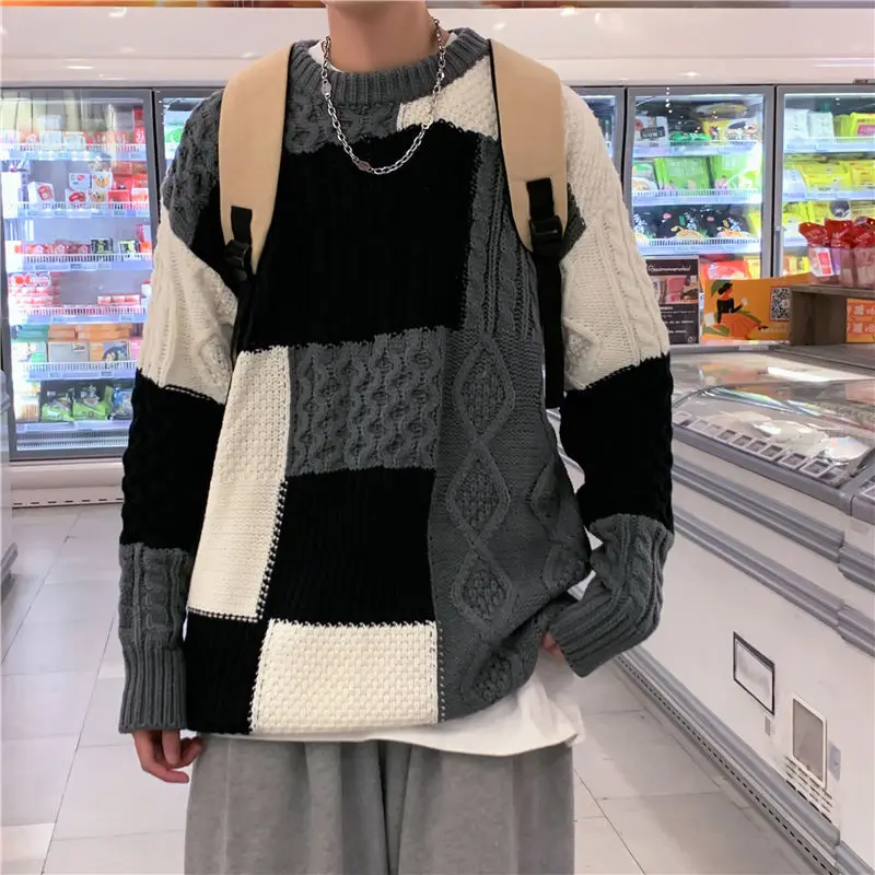 American Retro Patchwork Pullovers Knitted Autumn Winter O-Neck Men\'s Clothing Casual Loose Fashion Contrasting Colors Sweaters