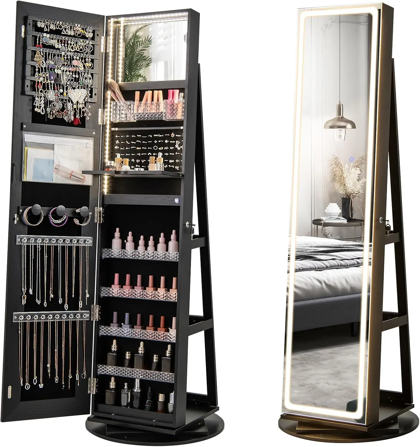 Lockable Standing Jewelry Organizer with Lighted Mirro, 3 Color & Adjustable Lights,(Black)