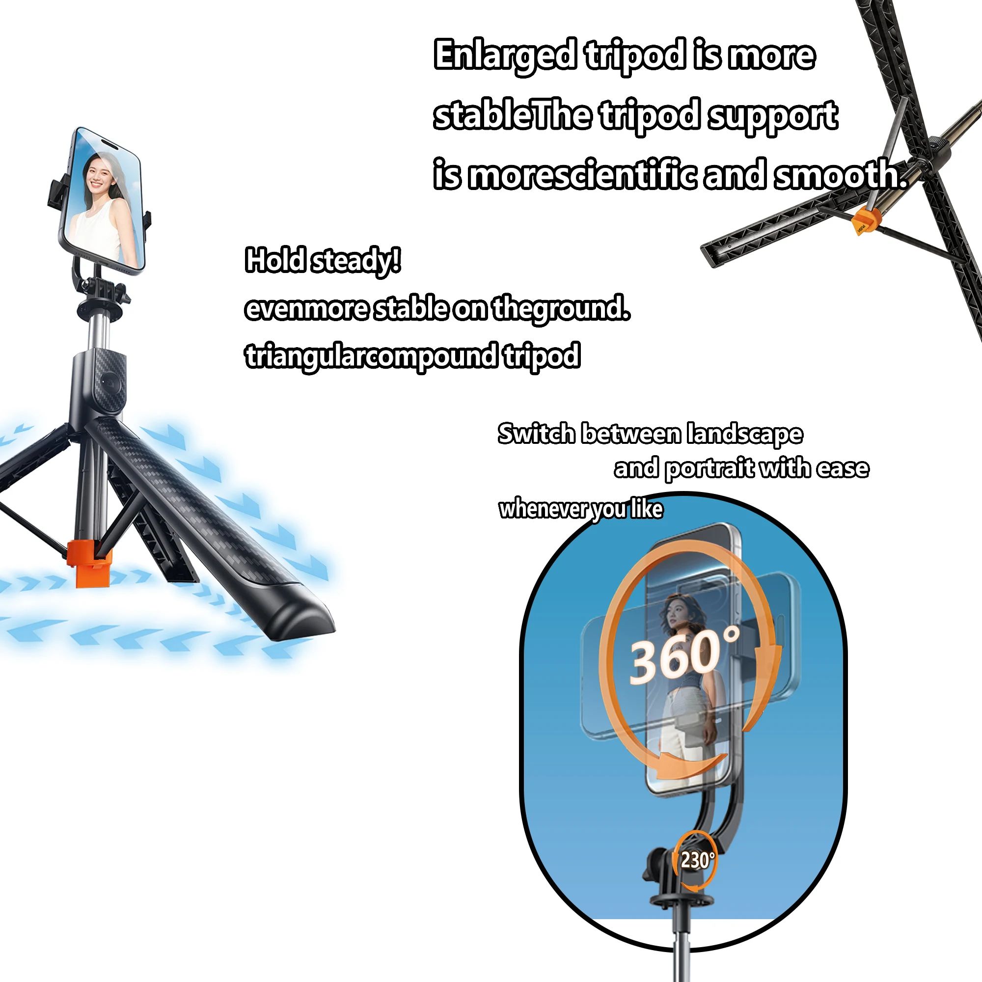 100cm/170cm ausziehbares Selfie-Stick-Stativ. 360 ° Drehbarer tragbarer Telefonständer mit rutschfester Basis, geeignet für iPhone und Android. Per – Detail 5