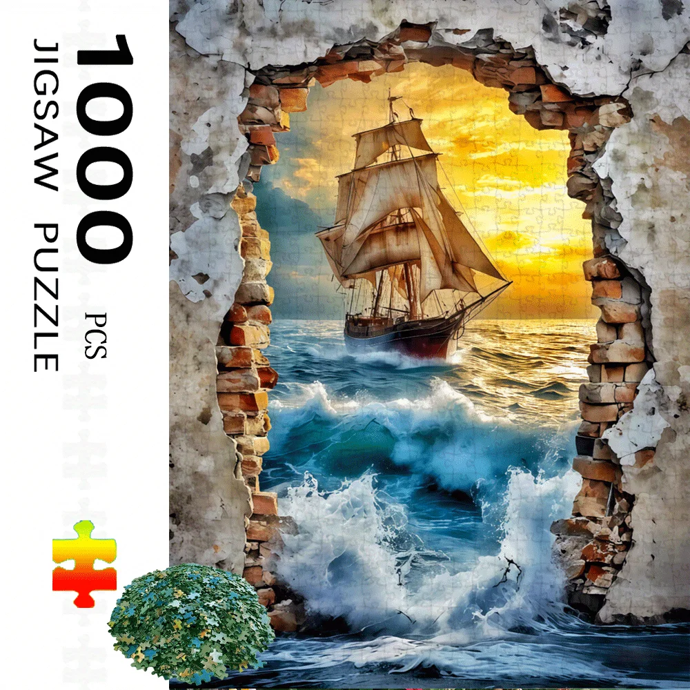 Puzzle dla dorosłych, składające się z 1000 elementów, przedstawiające żaglówkę na burzliwych morzach, uzupełnione zniszczonymi murami z cegły. I