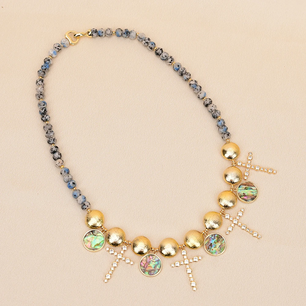 APDGG NO159 Handmade Natural K2 Stone Brushed Beads Shell Cz Pendant Gems Multi Strands Necklace