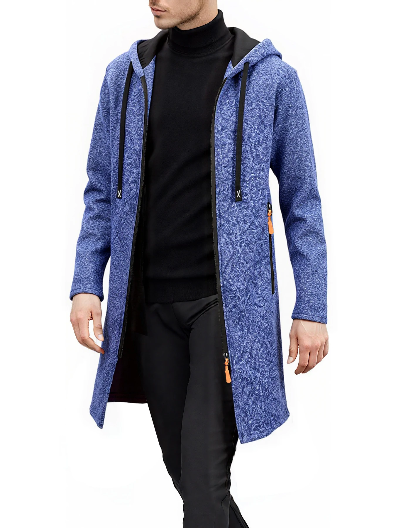 Men Mid‑Length Hooded Full Zip Sweatshirt Autumn Winter  Fleece Lined Outerwear With Drawstring Zipper Pockets
