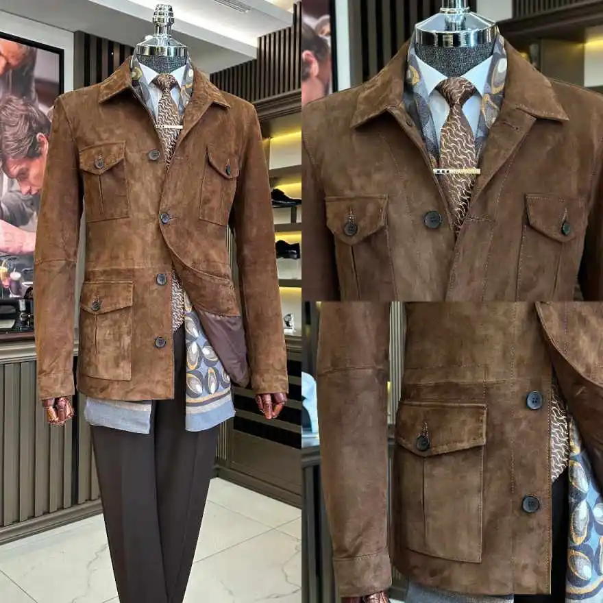 Chic Brown Men 2‑Pieces Business Suit Suede Lapel Collar Multi‑Pocket Craft Slim Fit Outfit For Evening Gathering Customized