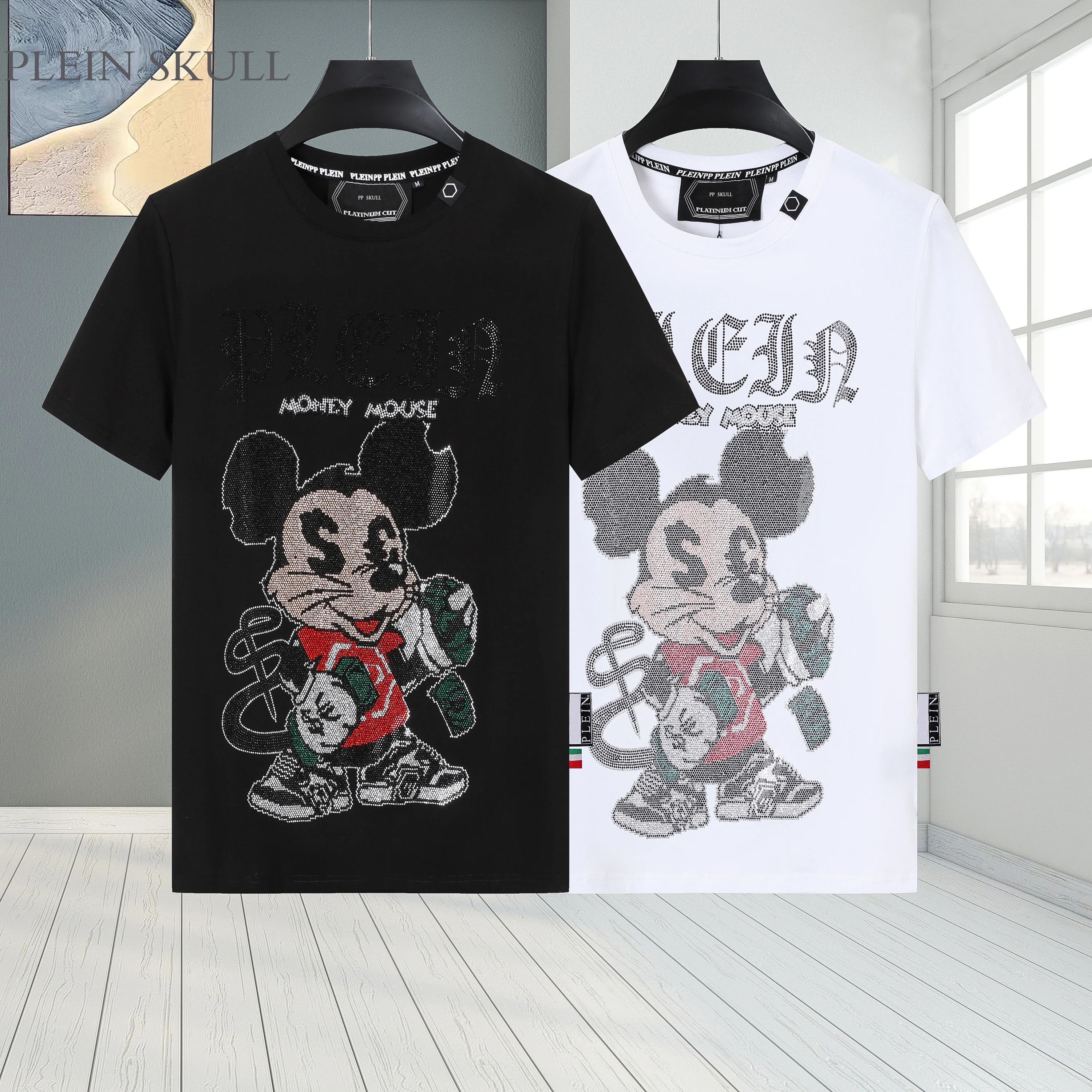

Футболка PLEIN SKULL унисекс летняя с мультяшным принтом Микки, хлопковая, модная, брендовая, приталенная, для вечеринок, с коротким рукавом