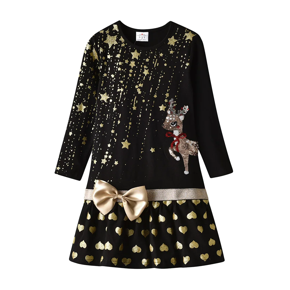VIKITA Girls Christmas New Year Gift Dress Kids Elk Sequined Appliqued Star Heart Print Cotton Dresses with Bowknot Kids Clothes