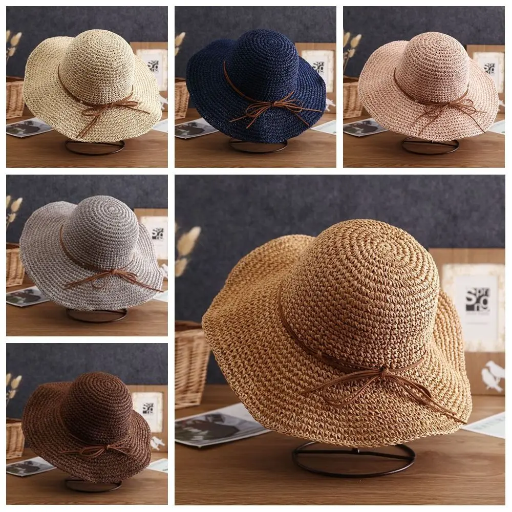 العصرية الفرنسية نمط القوس القش قبعة واسعة حافة الشاطئ للطي قبعات من القش السفر الربيع الصيف المرأة قبعة الشمس الإناث #6