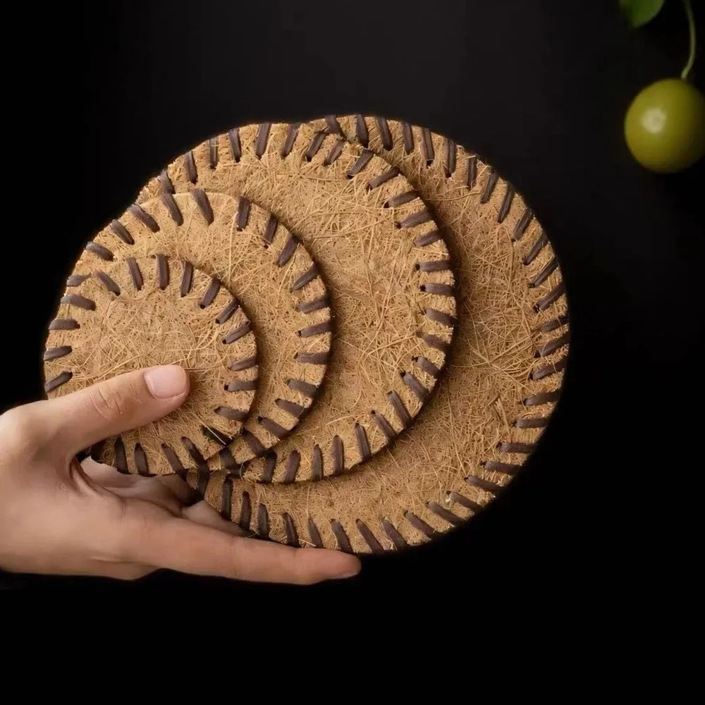 Anti-scalding Round Brown Placemats Bristle Slip Heat Resistant Insulated Teapot Mat Handmade Tea Coaster Dining Table
