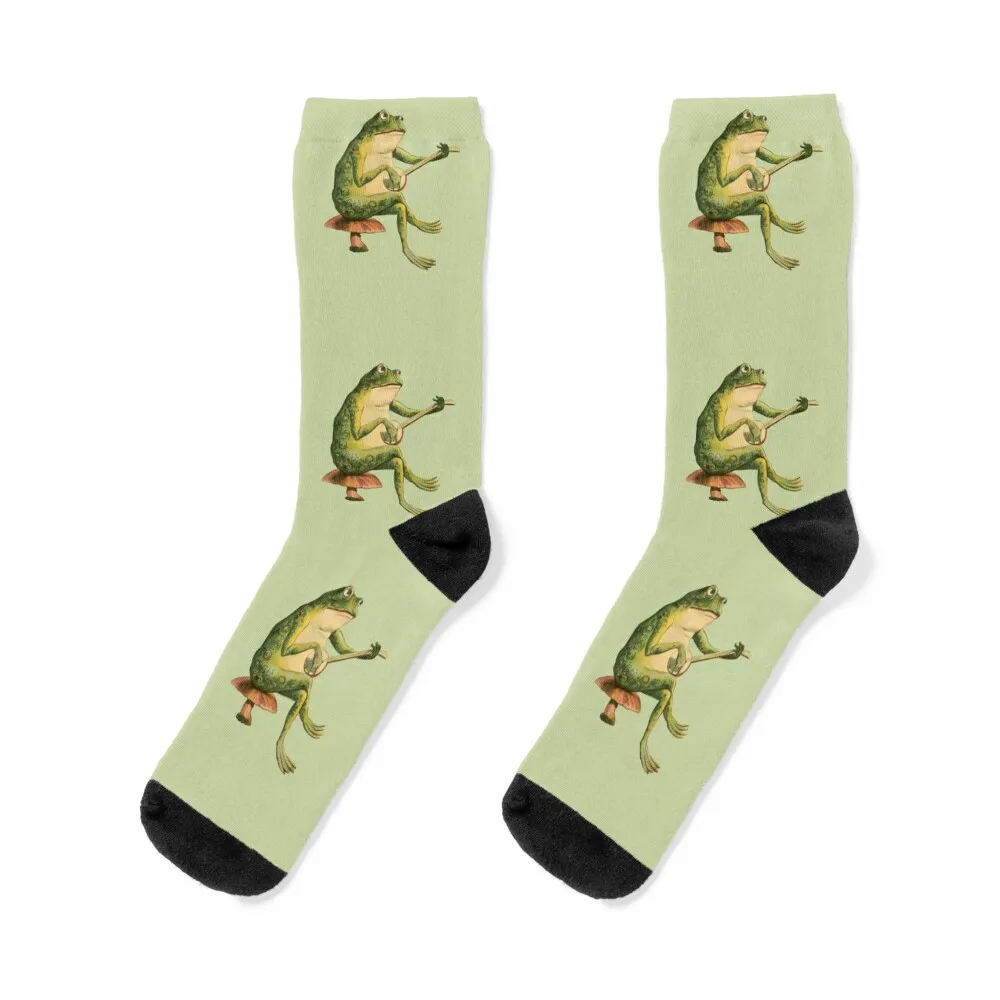

Melancholic Vintage Frog: Banjo Player on Mushroom Toadstool, Cottagecore and Goblincore Aesthetics with Edgy Grunge Socks