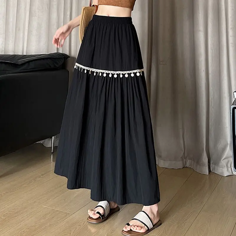 Boho Summer Beach Long Skirt Women Casual Black White A-line Ethnic Style Holiday Midi Skirt 2025 Korean Fashion