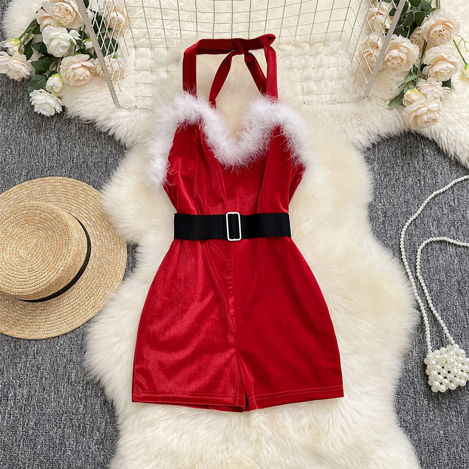 Womens Christmas Lace-up Halter Slim Fit Loungewear Velvet Rompers Oneseies Feather Trim Backless Jumpsuits Playsuits with Belt