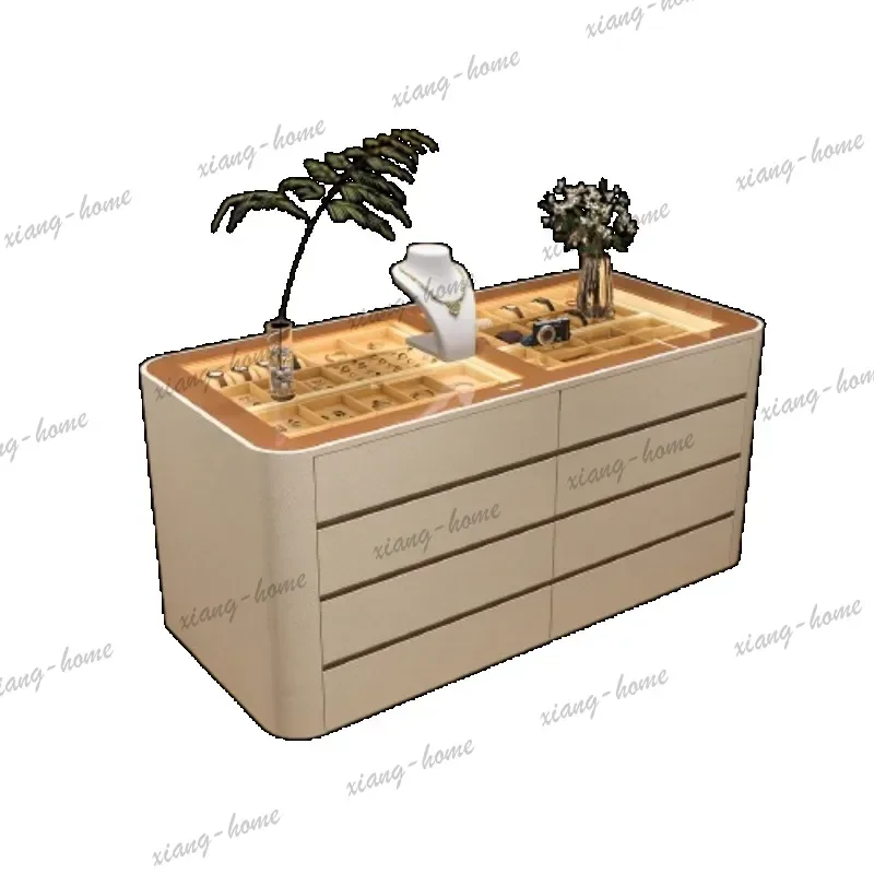 LSLarge storage Jewelry display living room cabinet storage decorative cabinet tempered glass touch lamp leather Super furniture