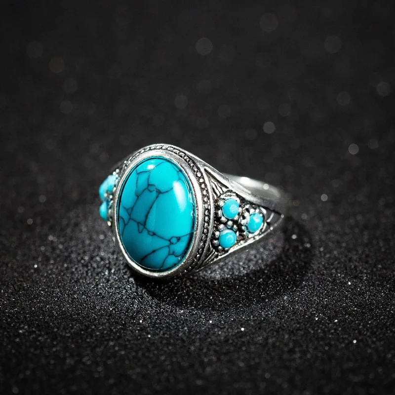 Vintage Fashion Turquoise Men\'s Ring Ancient Silver Natural Stone Rings for Men Birthday Party Indian Jewelry Gift Anillo Hombre