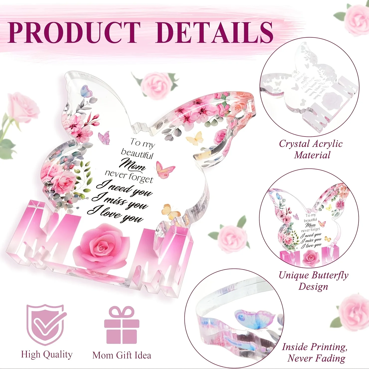 Gifts for Mom Birthday Gifts for Mom from Daughter Son Delicate Butterfly-Shaped Rose Acrylic Plaque Mom Present Thanksgiving